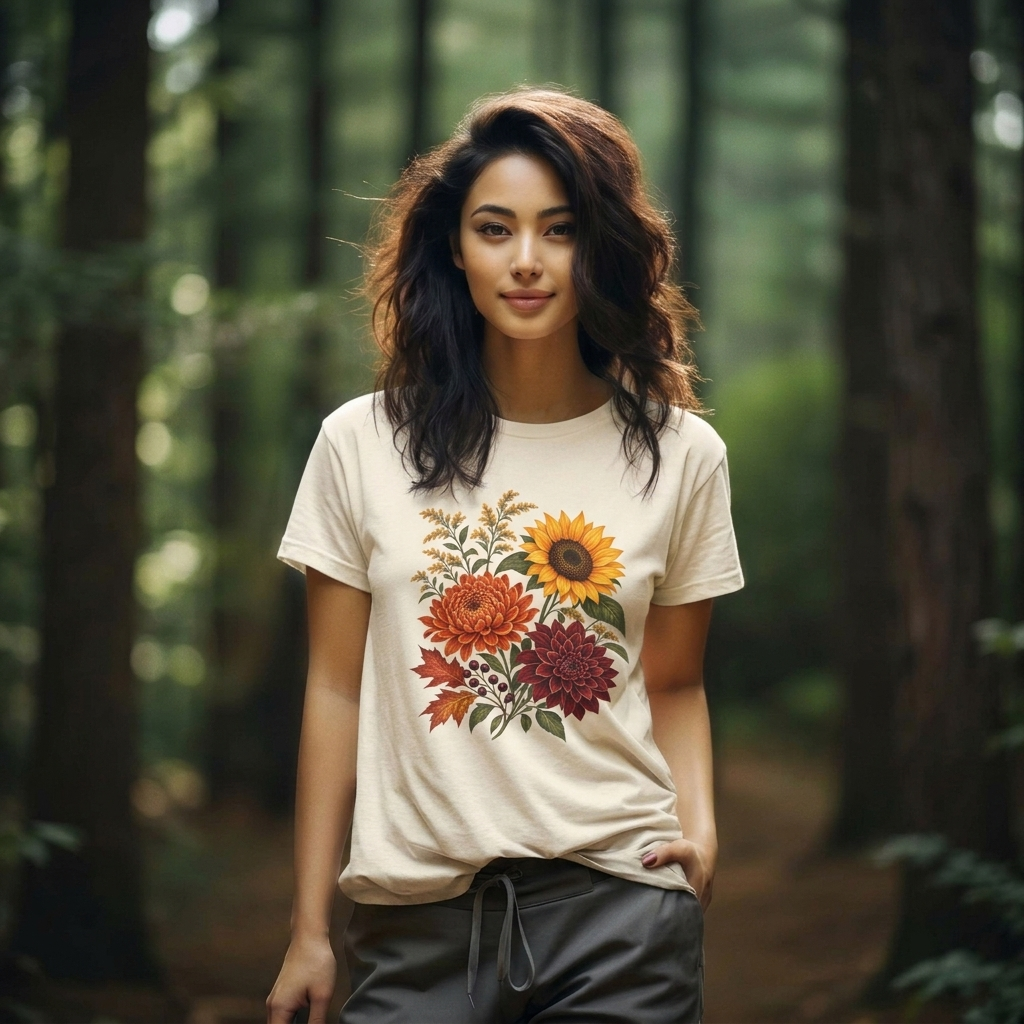 Autumn Wildflower Bouquet T-Shirt, Vintage Botanical Floral Tee - 14565