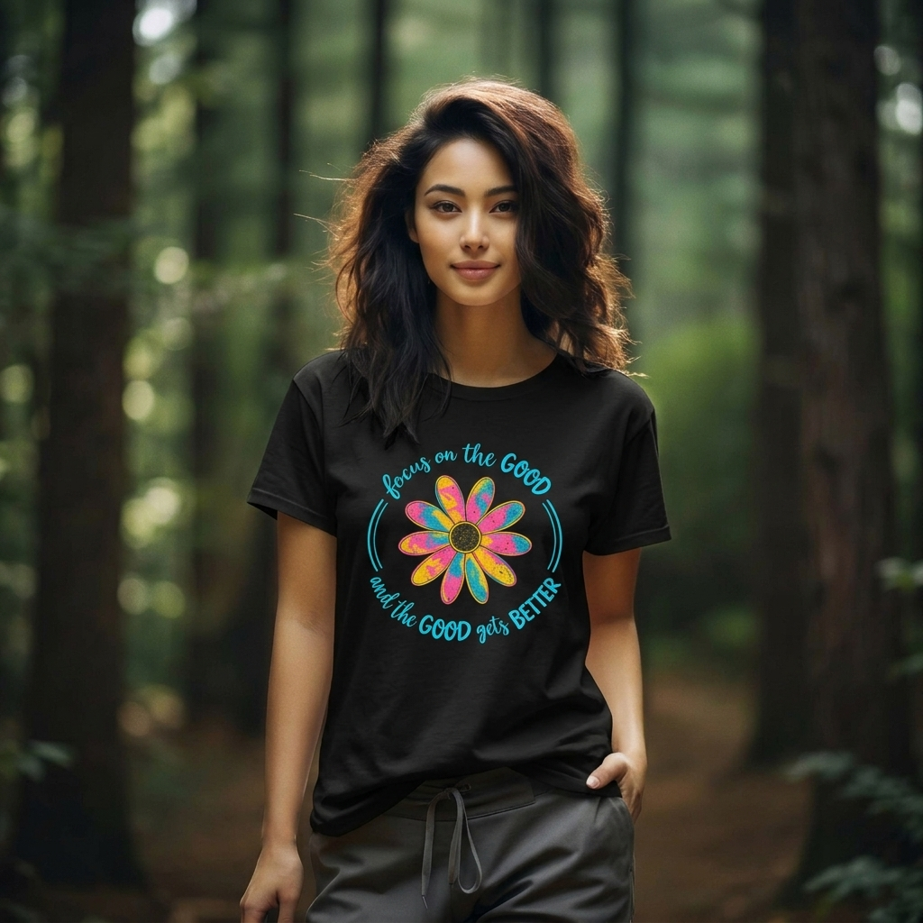 Focus on the Good T-Shirt, Colorful Retro Daisy Graphic Tee - 14563