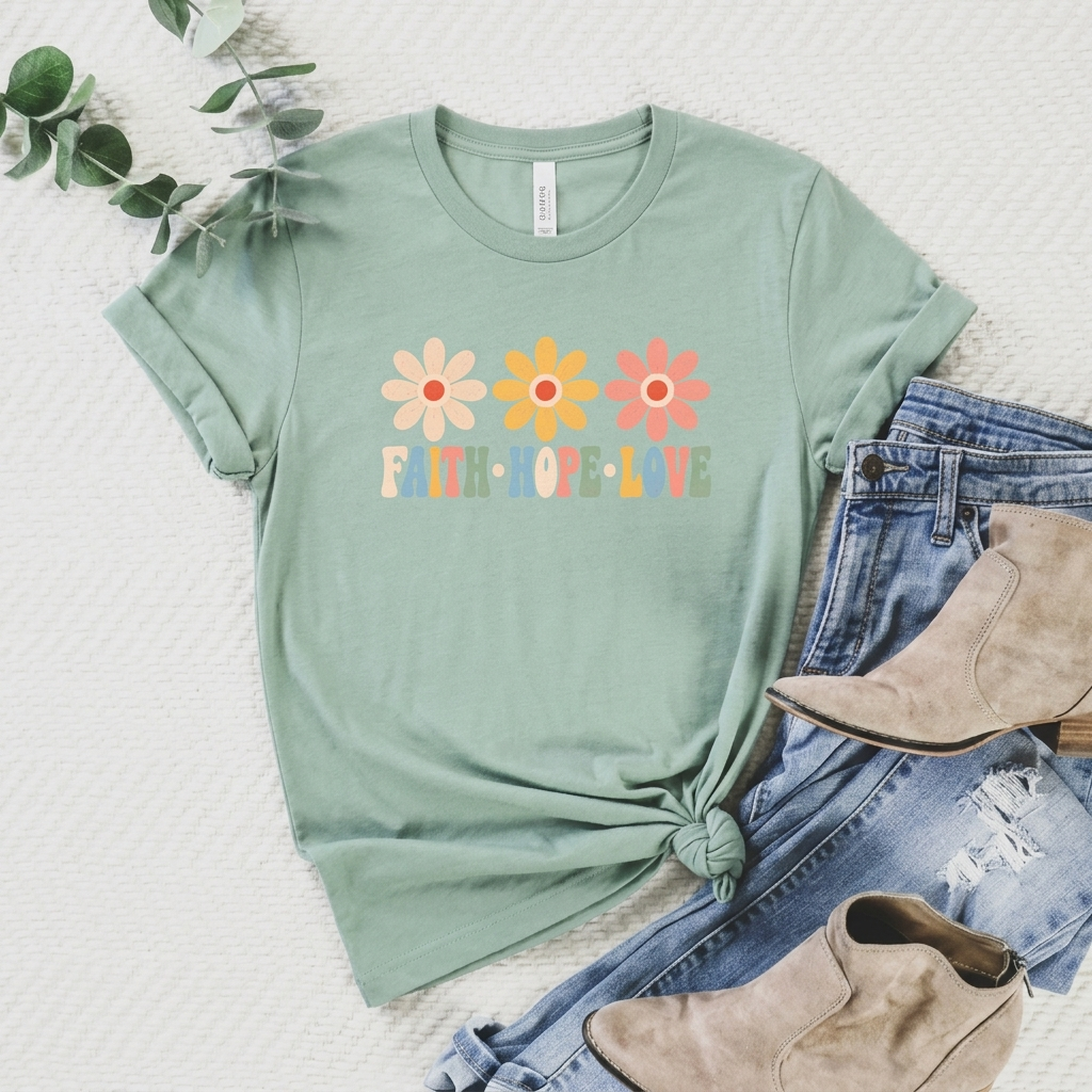 Faith Hope Love Floral T-Shirt,  Retro Flower Graphic Tee - 14979