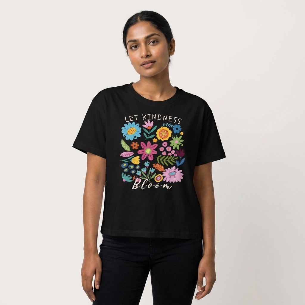 Let Kindness Bloom Floral Boxy T-Shirt, Colorful Inspirational Flower Tee - 14946