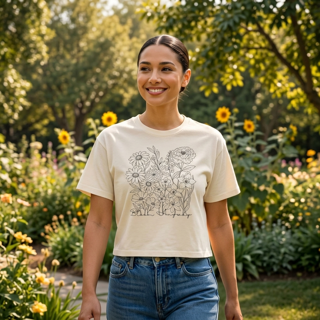Floral Line Art Boxy T-Shirt, Women’s Botanical Sketch Tee - 14987
