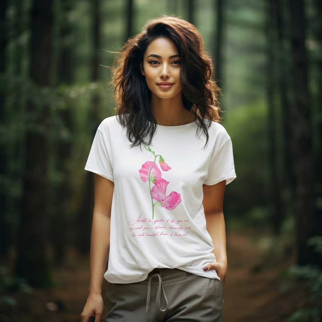 Sweet Pea Floral T-Shirt, Pink Watercolor Flower Graphic Tee - 14962