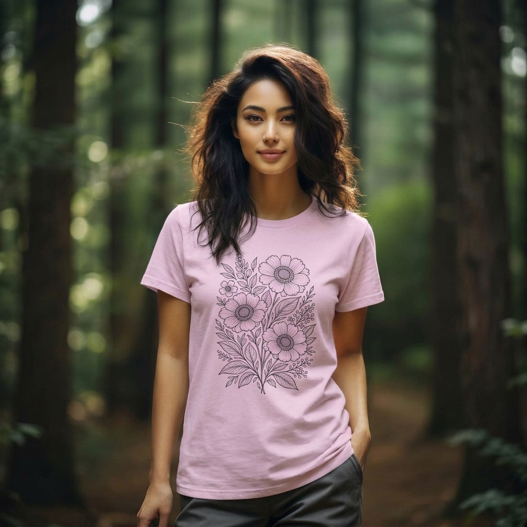 Vintage Floral Line Art T-Shirt, Botanical Wildflower Tee - 14561