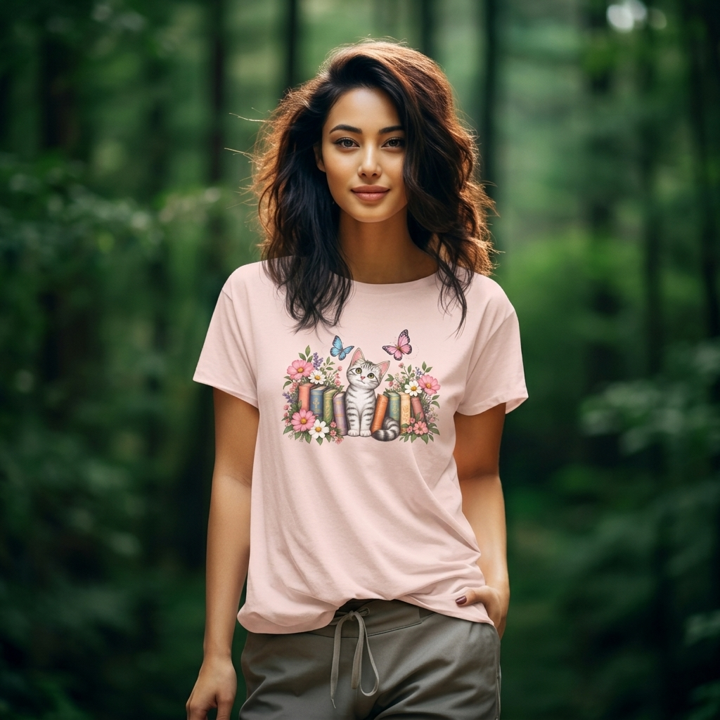 Cat & Books T-Shirt, Cute Floral Kitten & Butterfly Tee - 14526