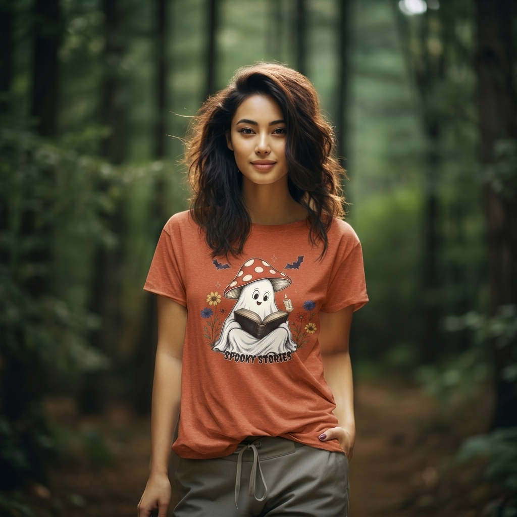 Spooky Stories Ghost T-Shirt, Cute Mushroom Ghost Reading Shirt for Halloween - 14970