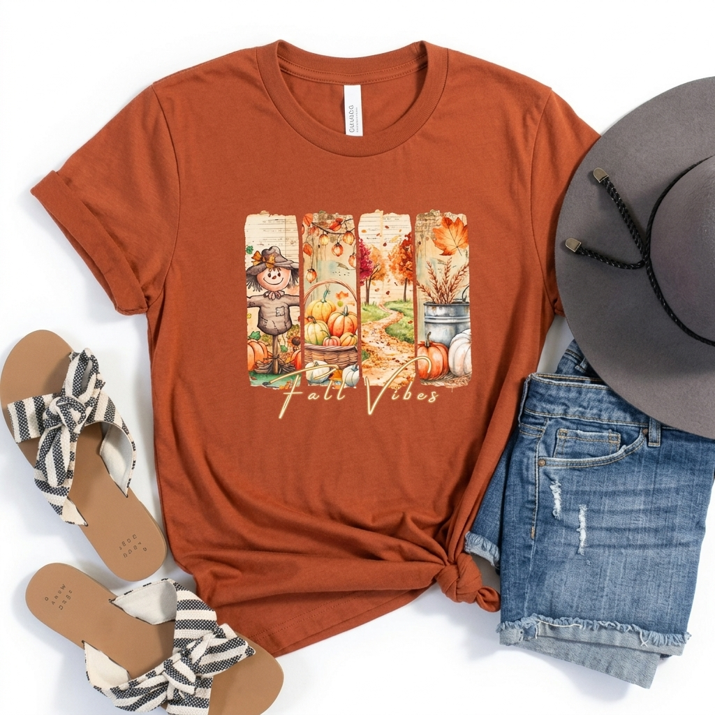 Fall Vibes T-Shirt, Autumn Pumpkin, Scarecrow & Harvest Graphic Tee - 14948