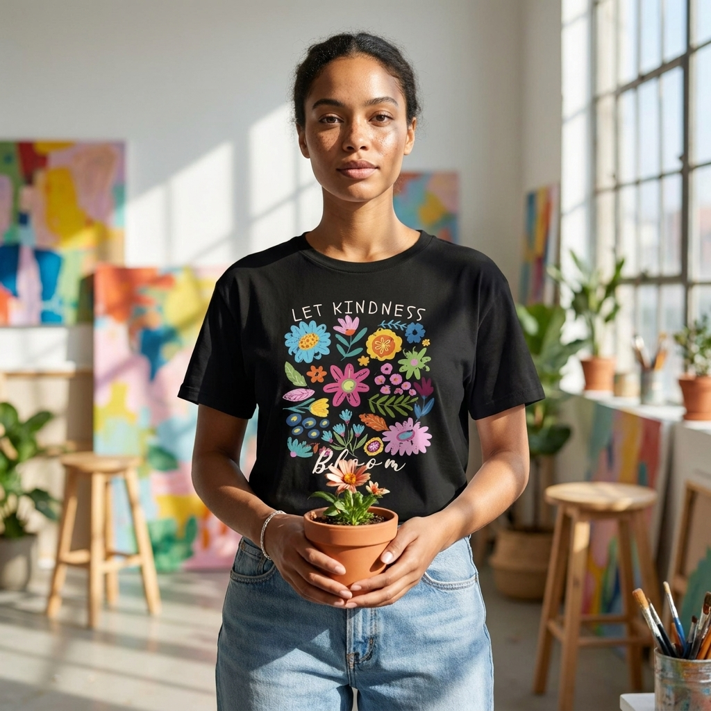 Let Kindness Bloom Floral Boxy T-Shirt, Colorful Inspirational Flower Tee - 14946