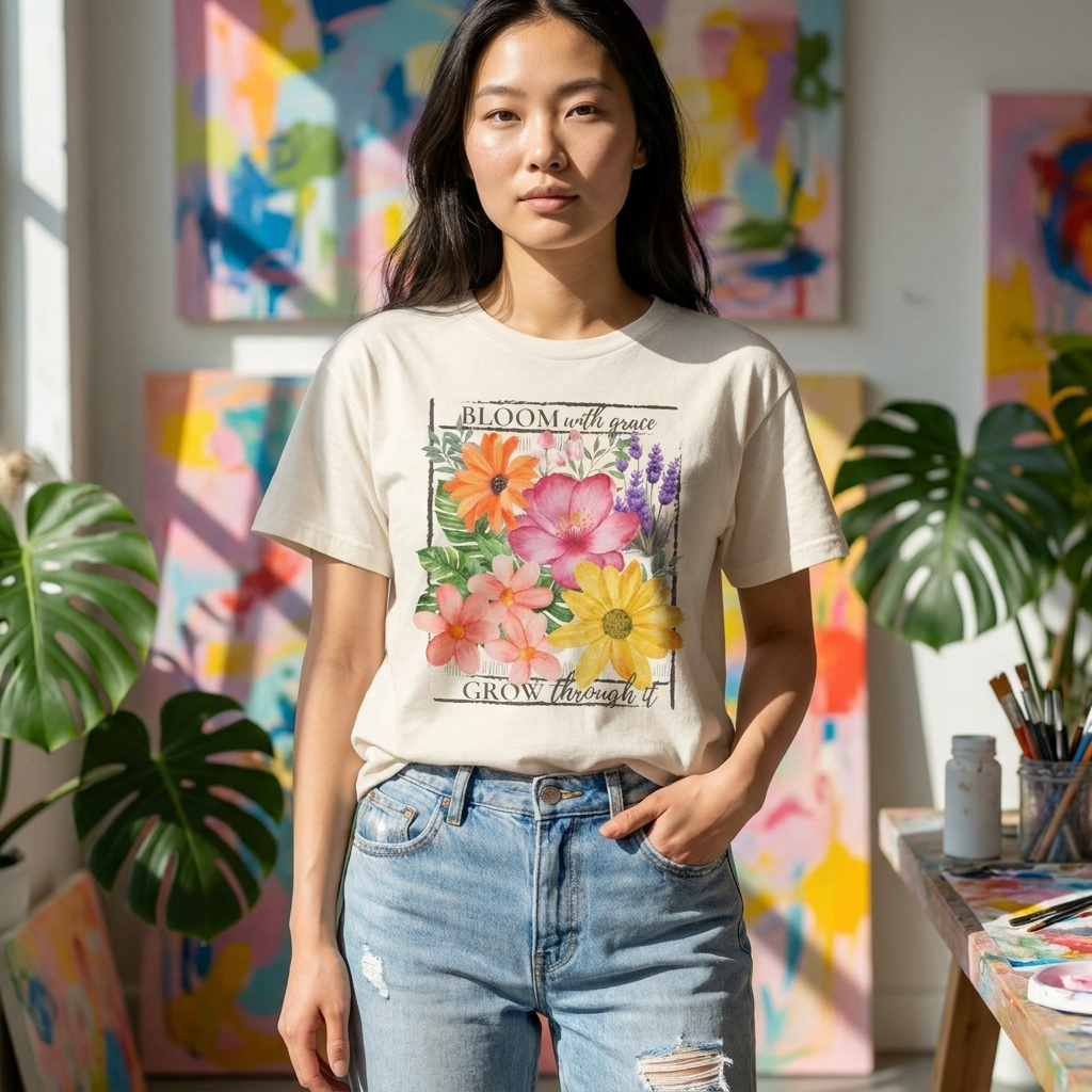 Bloom With Grace Floral Boxy Tee,  “Grow Through It” Inspirational Women’s T-Shirt - 14944
