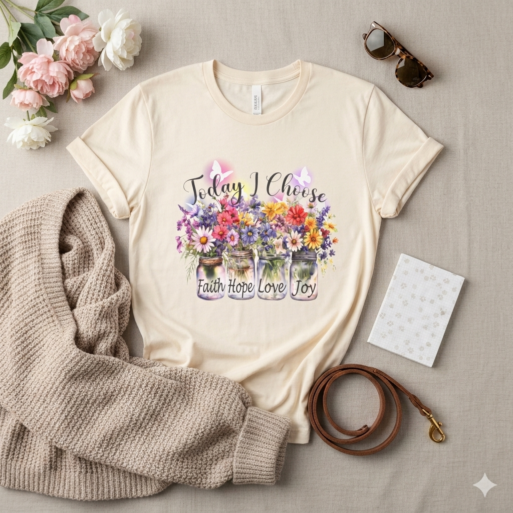 Today I Choose Faith Hope Love Joy T-Shirt — Inspirational Floral Graphic Tee - 14937