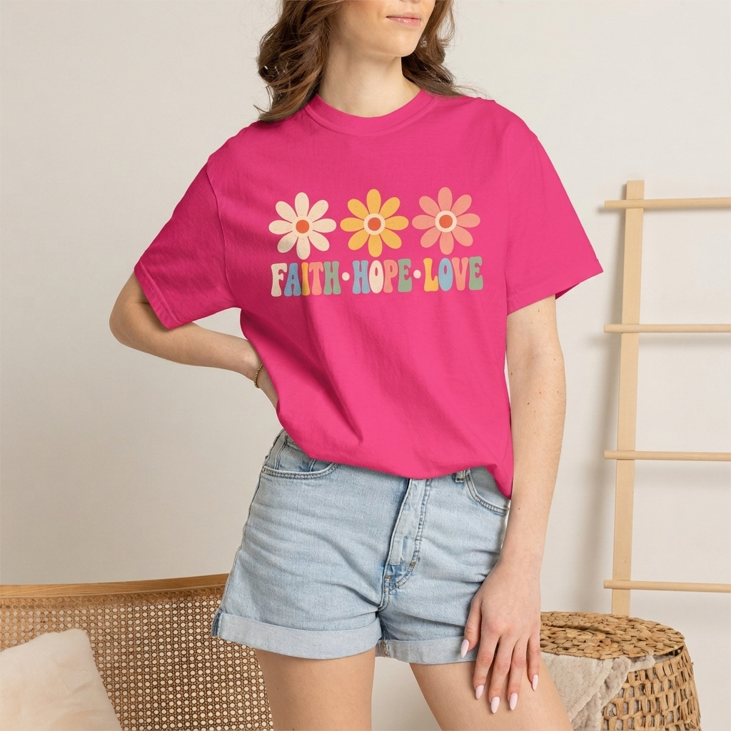 Faith Hope Love Floral T-Shirt, Retro Flower Graphic Tee - 14978