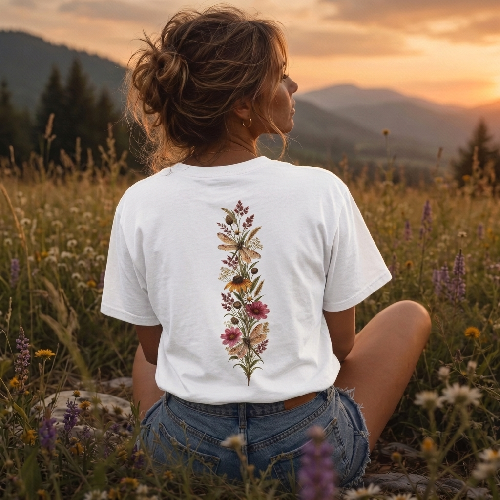 Vintage Wildflower & Dragonfly T-Shirt, Botanical Front & Back Tee - 14549