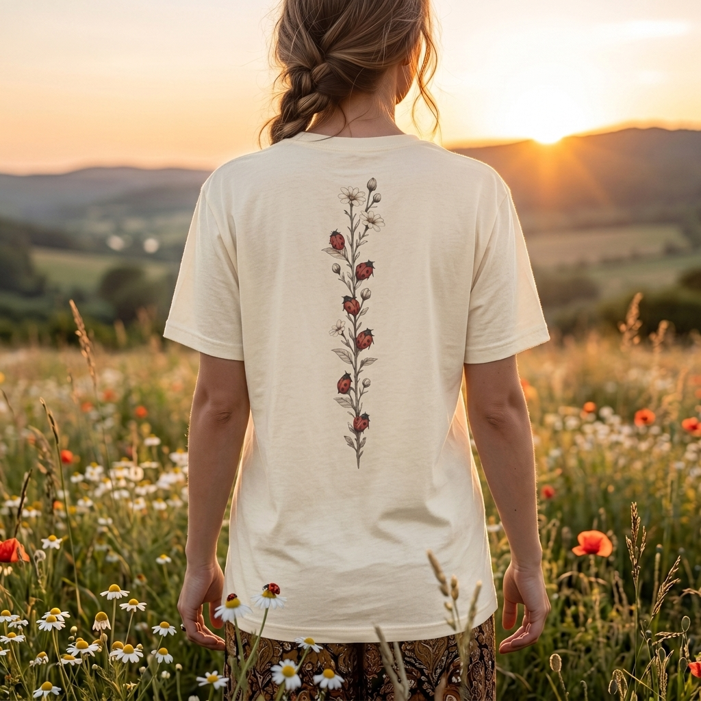 Daisy & Ladybug Floral T-Shirt, Minimal Wildflower Pocket Graphic Tee - 14963