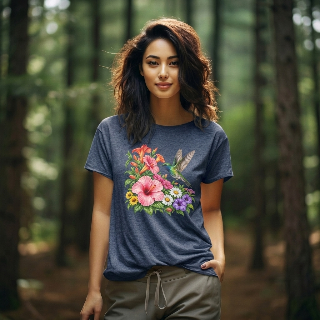 Hummingbird & Hibiscus T-Shirt, Colorful Tropical Floral Garden Tee - 14542