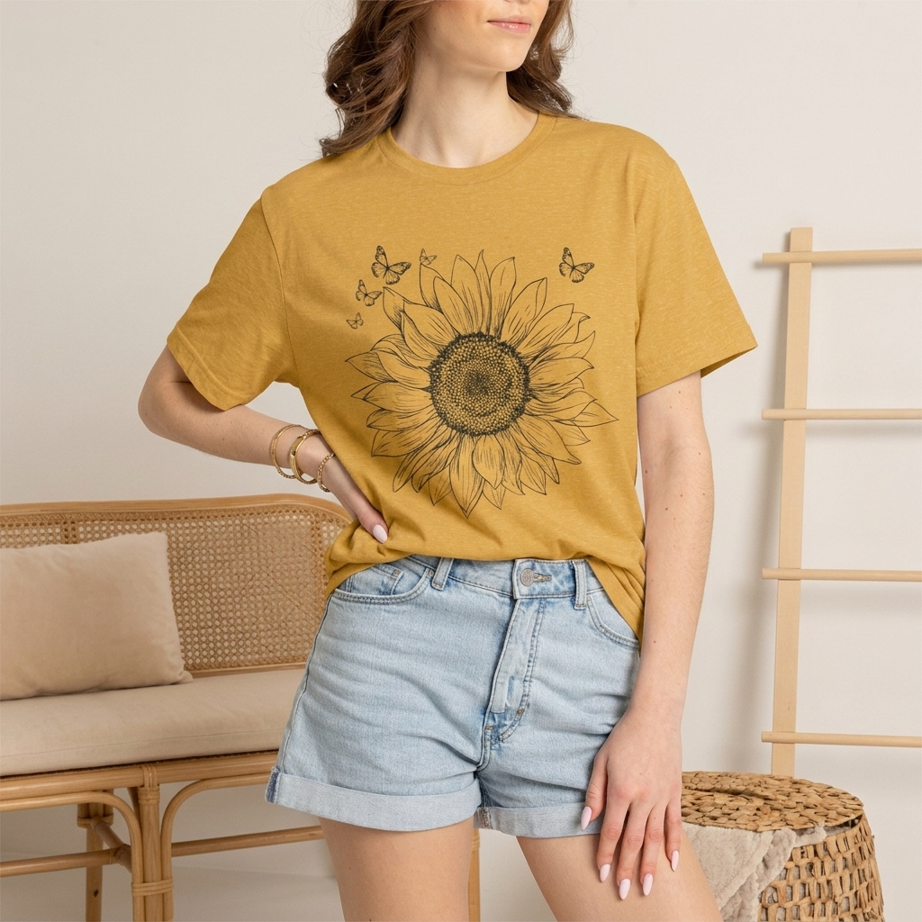 Sunflower Sketch T-Shirt, Vintage Botanical Sunflower & Butterfly Graphic Tee - 14982
