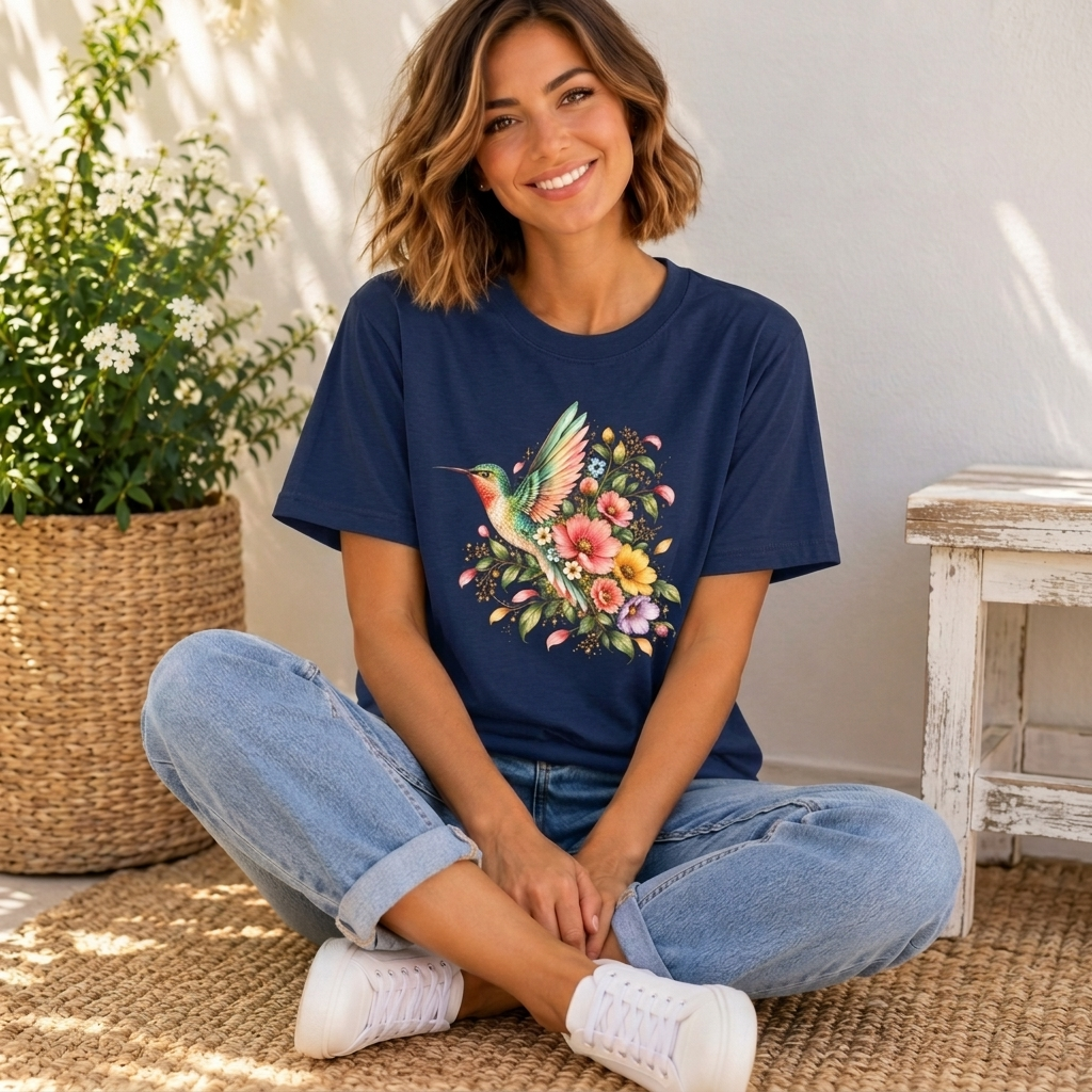 Colorful Hummingbird Floral T-Shirt, Nature Lover Tee - 14516