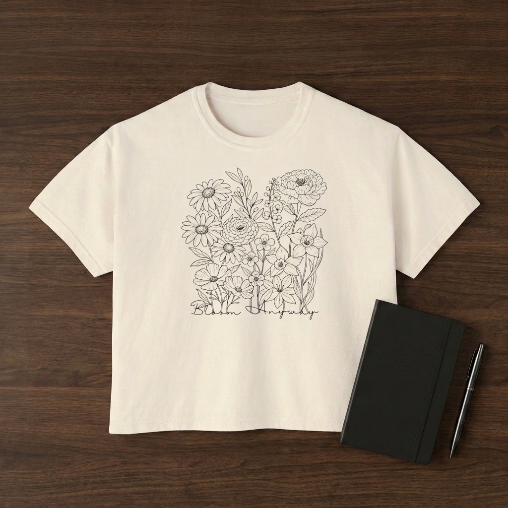 Floral Line Art Boxy T-Shirt, Women’s Botanical Sketch Tee - 14987