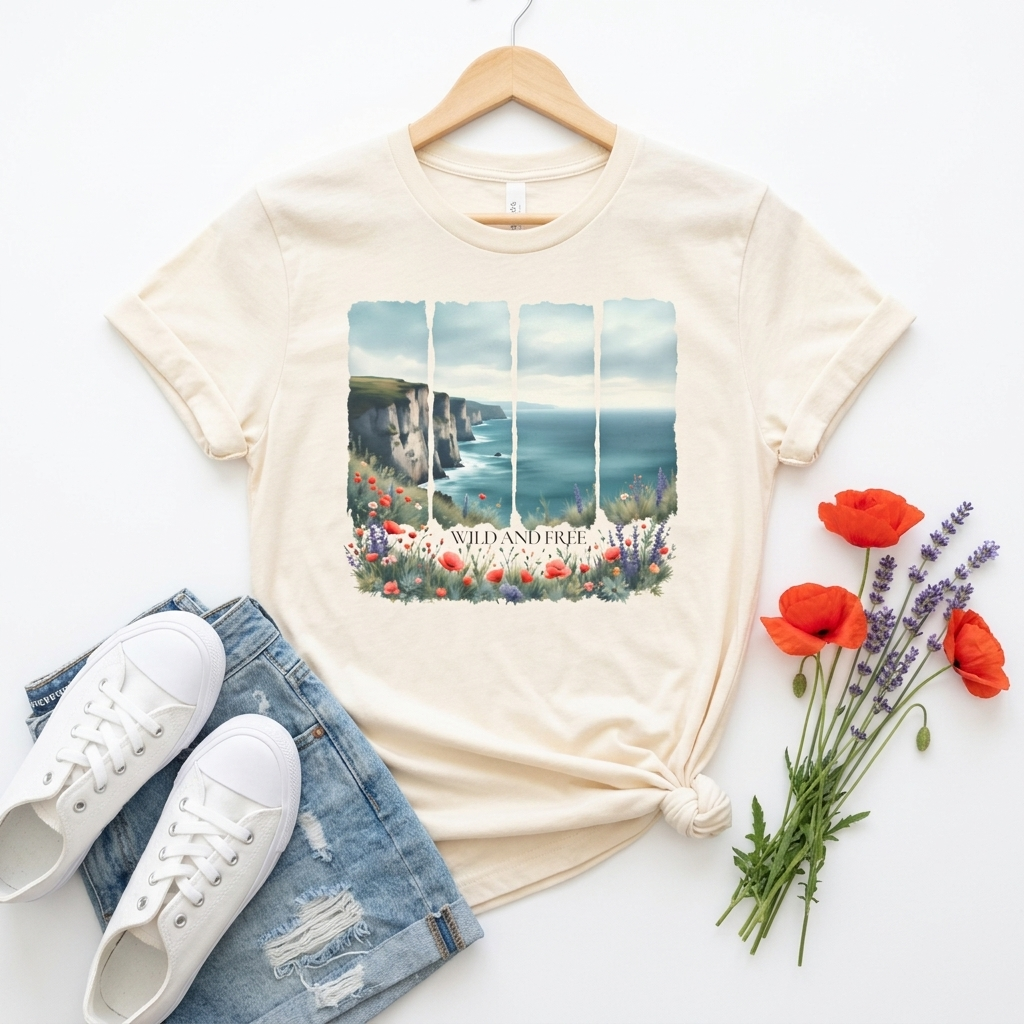 St. Andrews Coastal T-Shirt,  Scenic Cliffs, Wildflowers & Sea View - 14974
