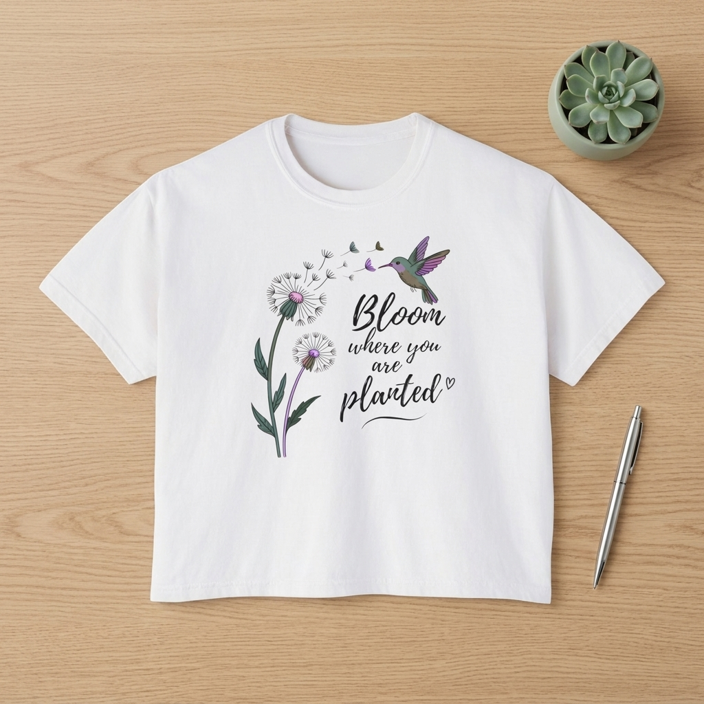 Bloom Where You’re Planted Boxy Tee, Women’s Hummingbird Floral Inspirational T-Shirt - 14926