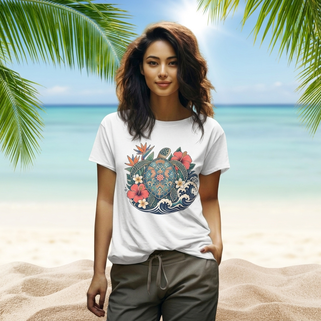 Sea Turtle Floral T-Shirt, Hawaiian Turtle Graphic Tee - 14973