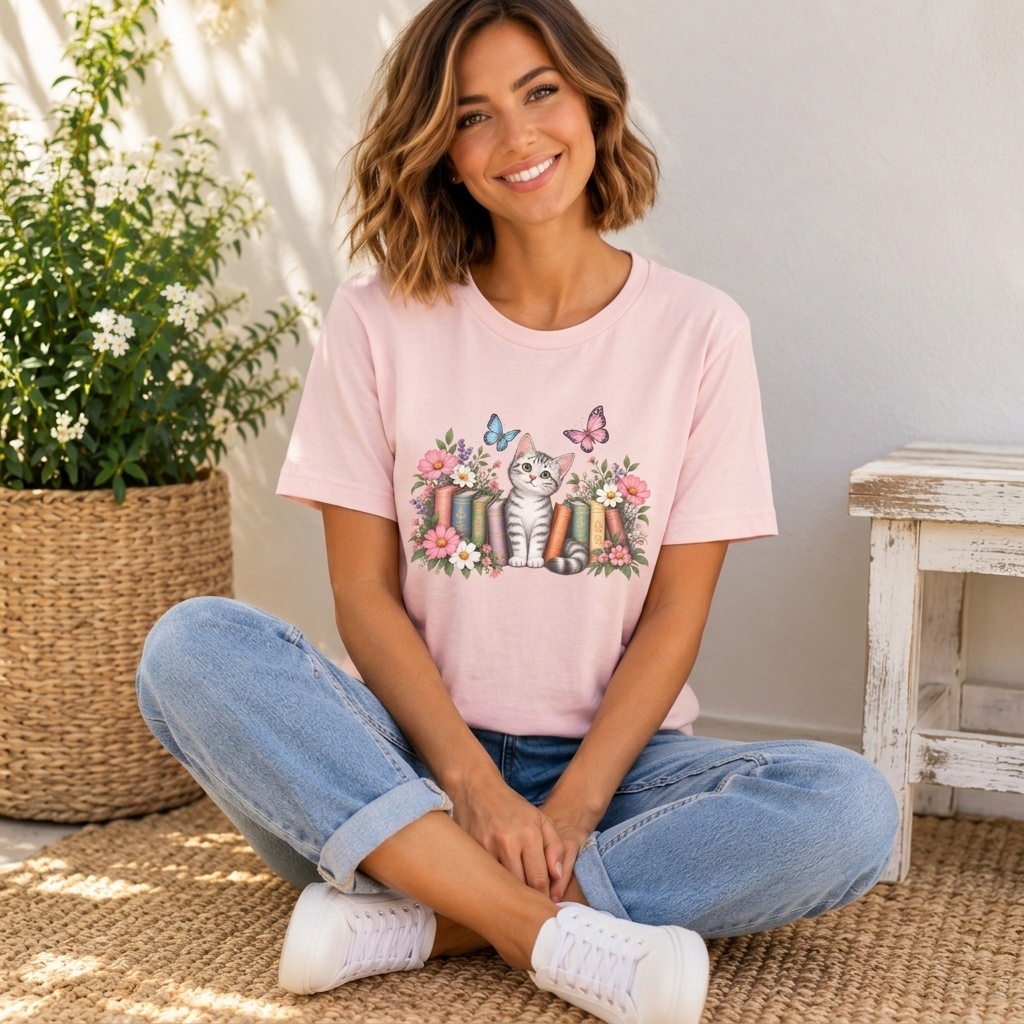 Cat & Books T-Shirt, Cute Floral Kitten & Butterfly Tee - 14526