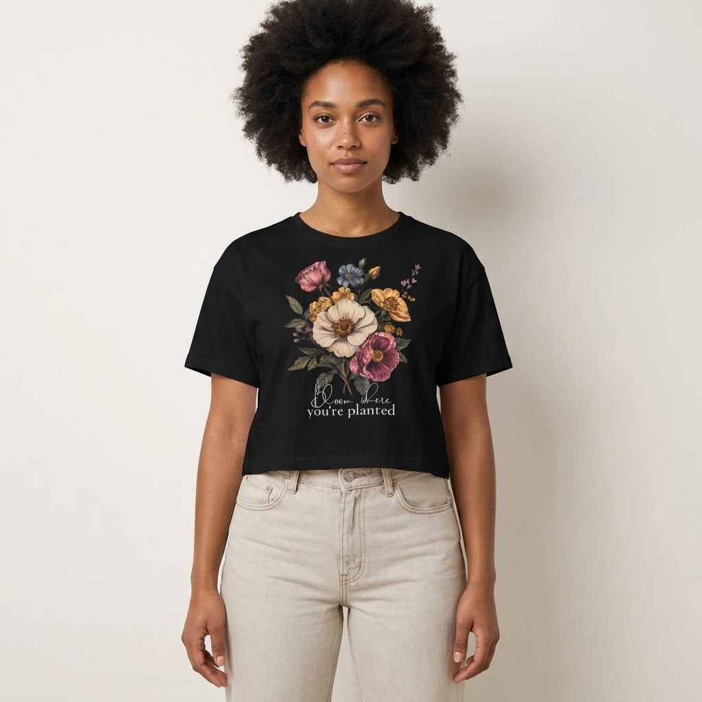 Bloom Where You’re Planted Floral Boxy Tee, Vintage Botanical T-Shirt - 14934