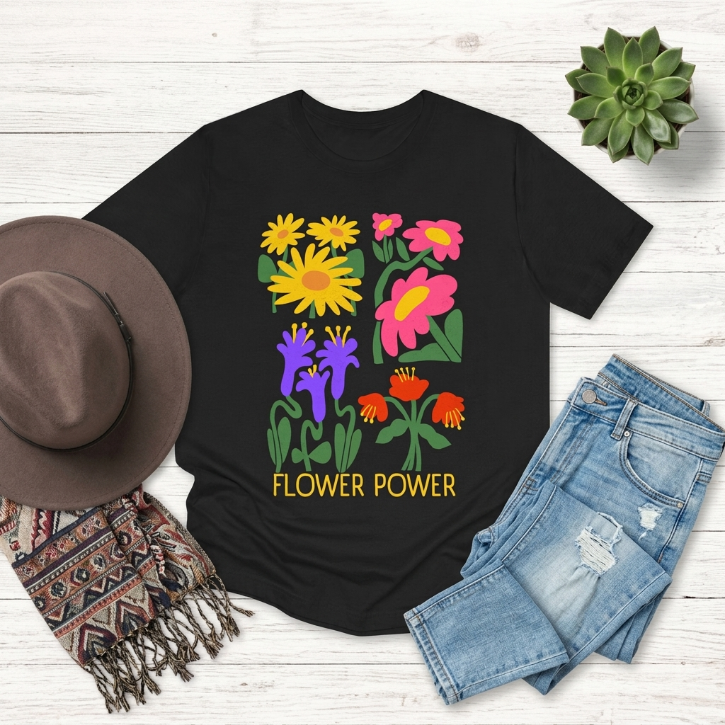 Flower Power T-Shirt — Retro Colorful Floral Graphic Tee - 14964