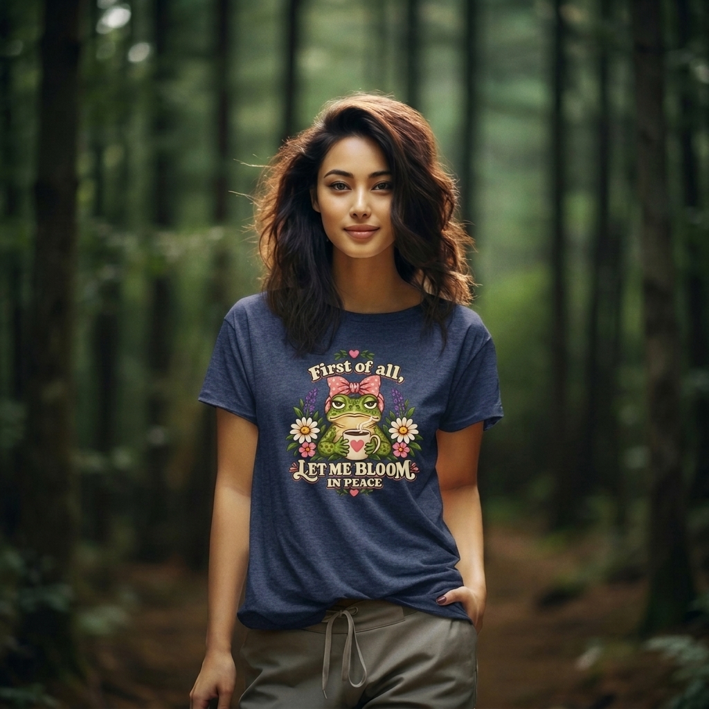 Let Me Bloom in Peace Frog T-Shirt, Cute Floral Coffee Tee - 14500