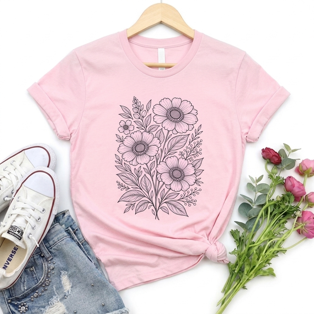 Vintage Floral Line Art T-Shirt, Botanical Wildflower Tee - 14561