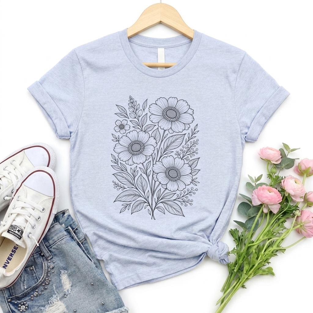 Vintage Floral Line Art T-Shirt, Botanical Wildflower Tee - 14561