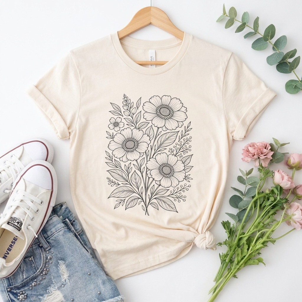 Vintage Floral Line Art T-Shirt, Botanical Wildflower Tee - 14561