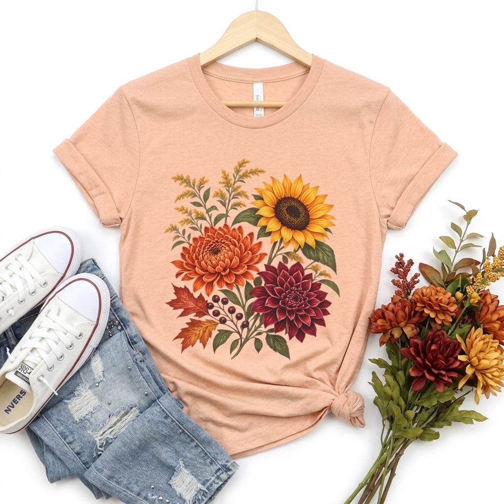 Autumn Wildflower Bouquet T-Shirt, Vintage Botanical Floral Tee - 14565