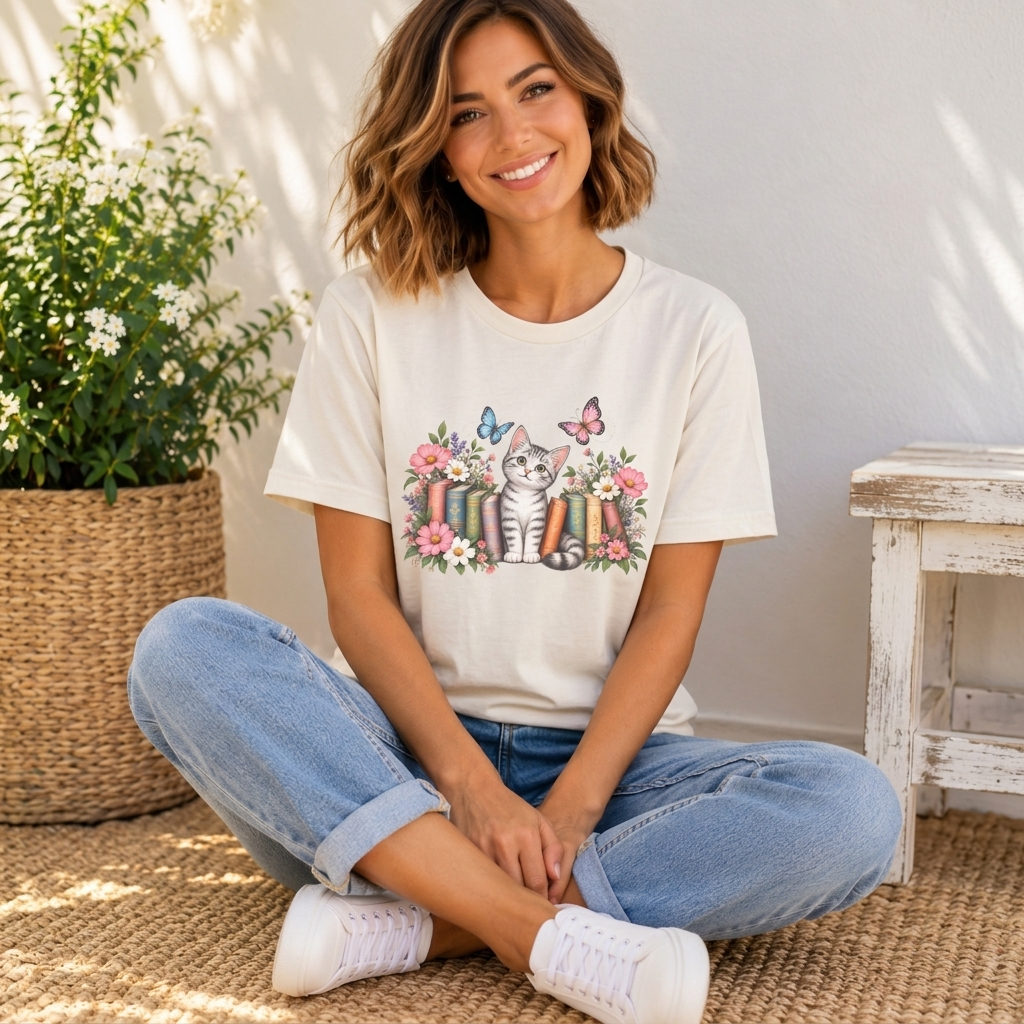 Cat & Books T-Shirt, Cute Floral Kitten & Butterfly Tee - 14526