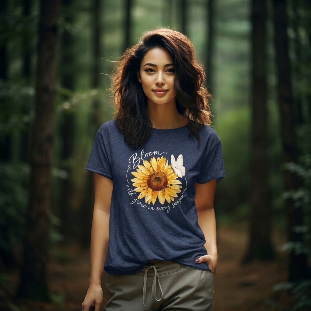 Sunflower “Bloom with Grace in Every Season” T-Shirt, Inspirational Floral Tee- 14502