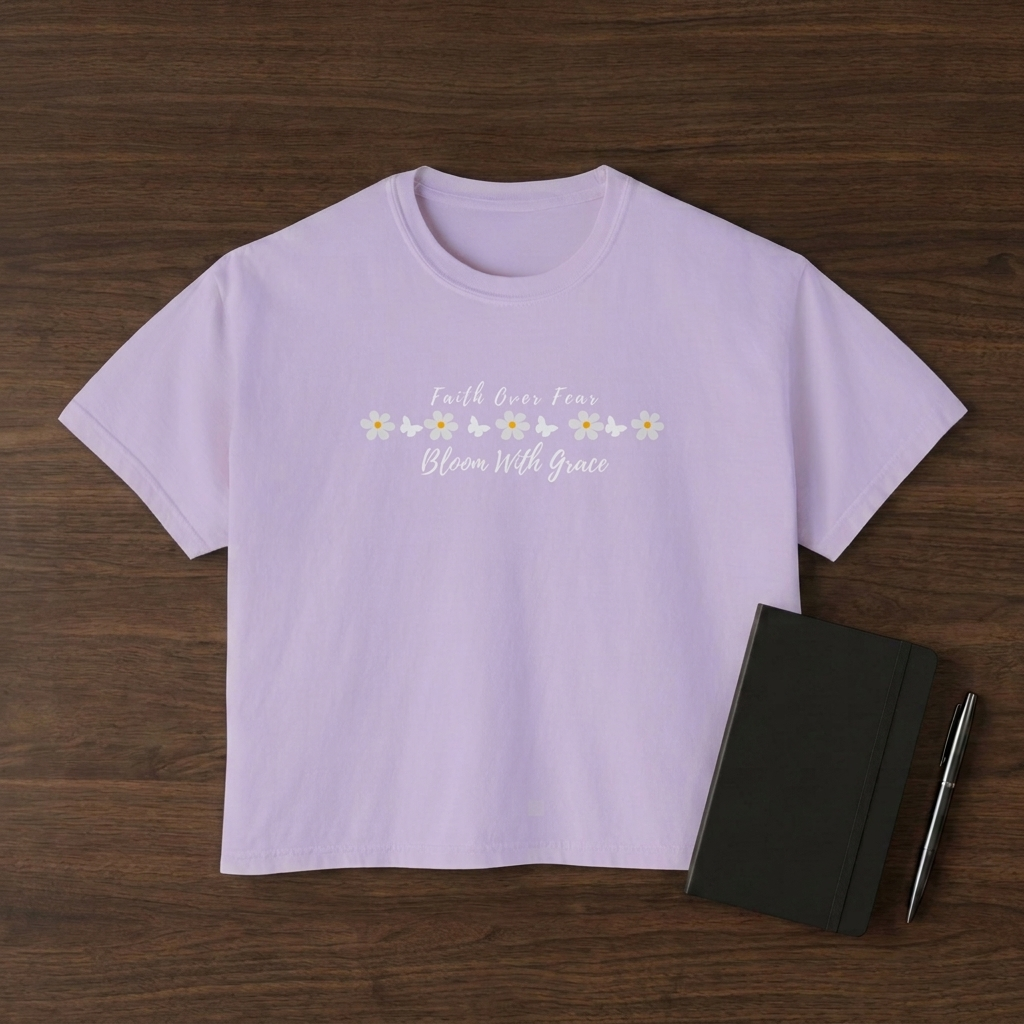 Faith Over Fear Floral Boxy Tee, “Bloom With Grace” Christian Crop Shirt - 14950