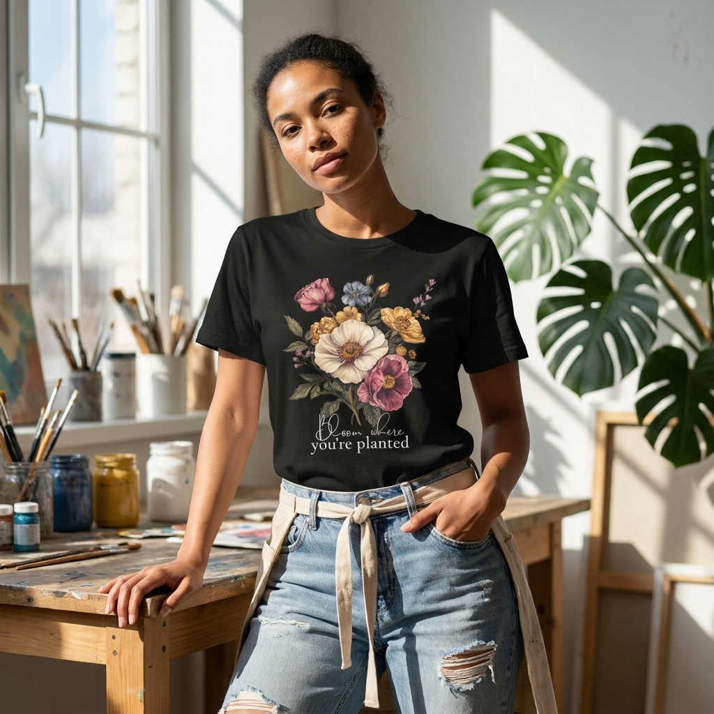 Bloom Where You’re Planted Floral T-Shirt, Vintage Botanical Graphic Tee -  14933