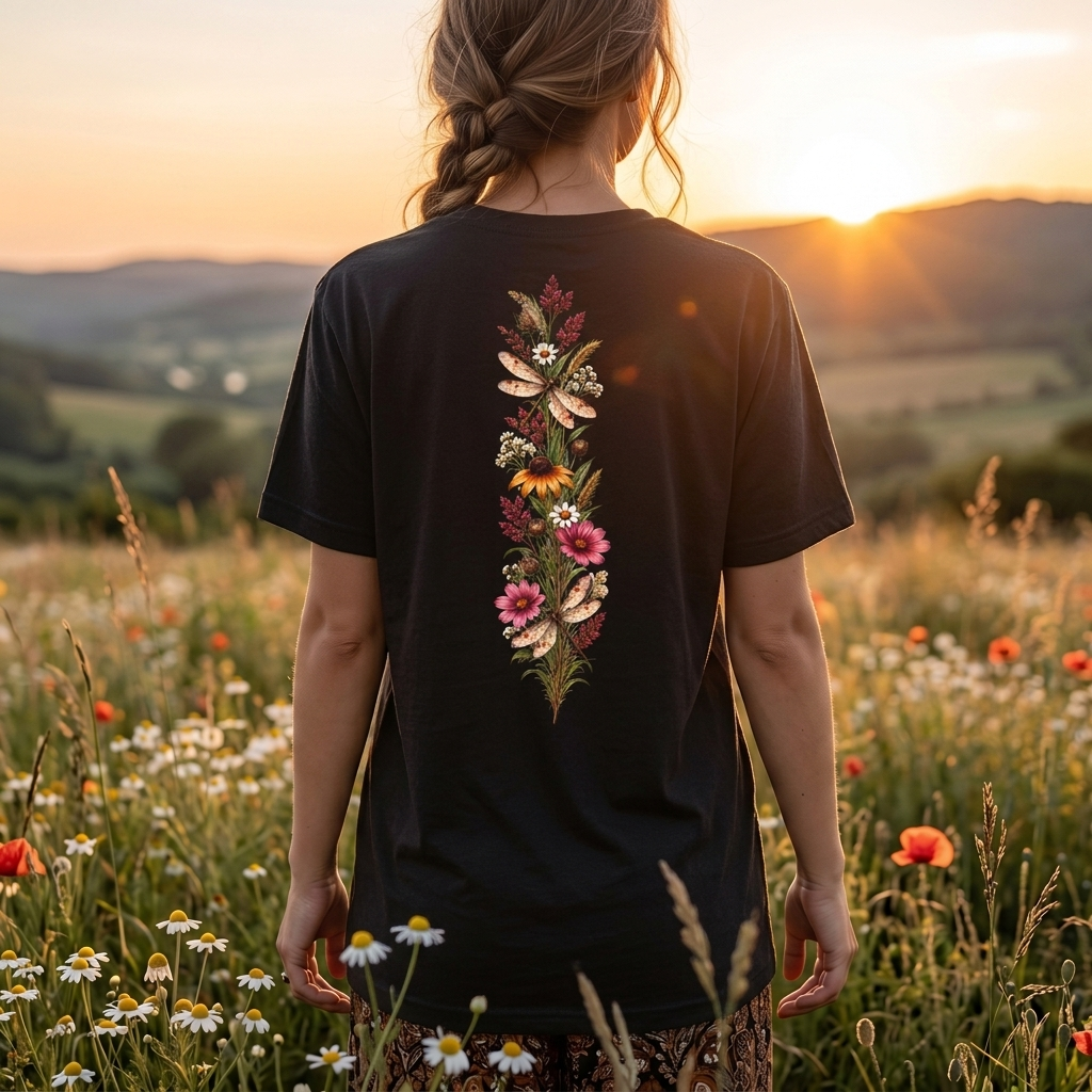 Vintage Wildflower & Dragonfly T-Shirt, Botanical Front & Back Tee - 14549