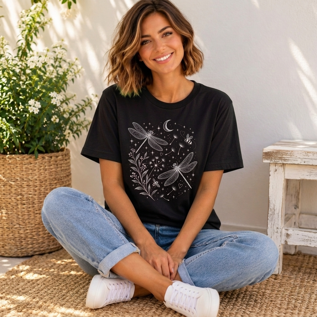 Dragonfly Moon T-Shirt, Whimsical Celestial Nature Tee - 14518