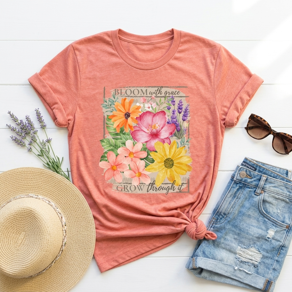 Bloom With Grace Floral T-Shirt, “Grow Through It” Inspirational Women’s Tee - 14943