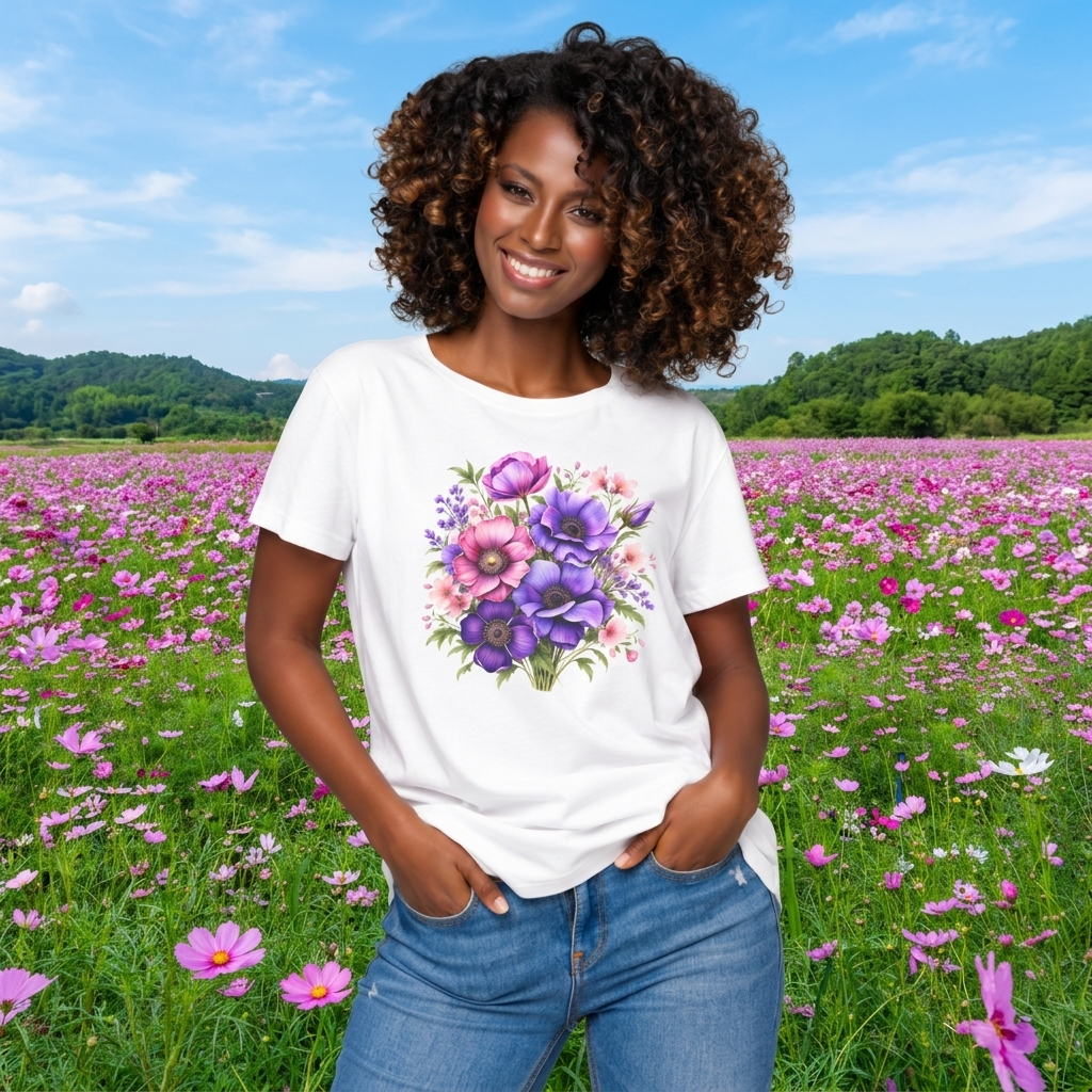 Purple & Pink Floral Bouquet T-Shirt, Colorful Botanical Flower Tee - 14537