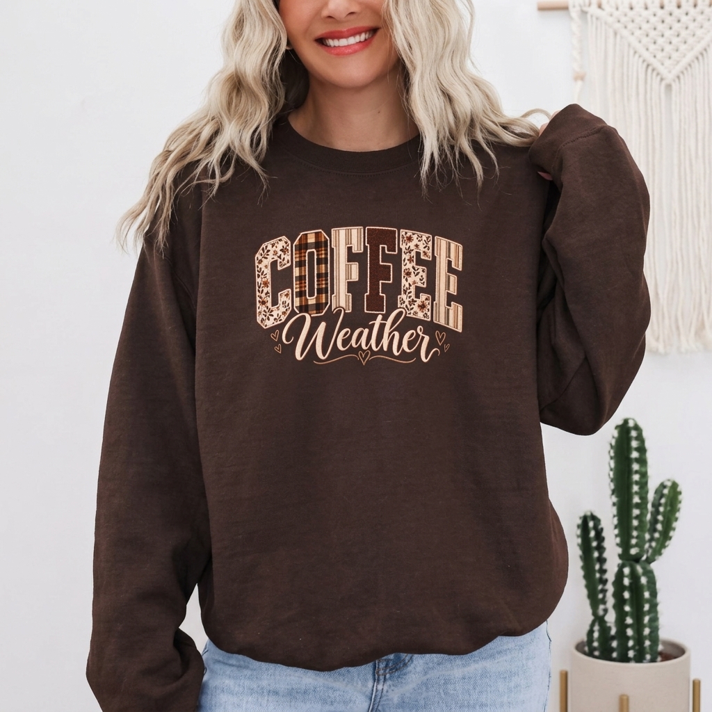 Coffee Weather Sweatshirt, Patchwork Floral Plaid Cozy Crewneck - 14997