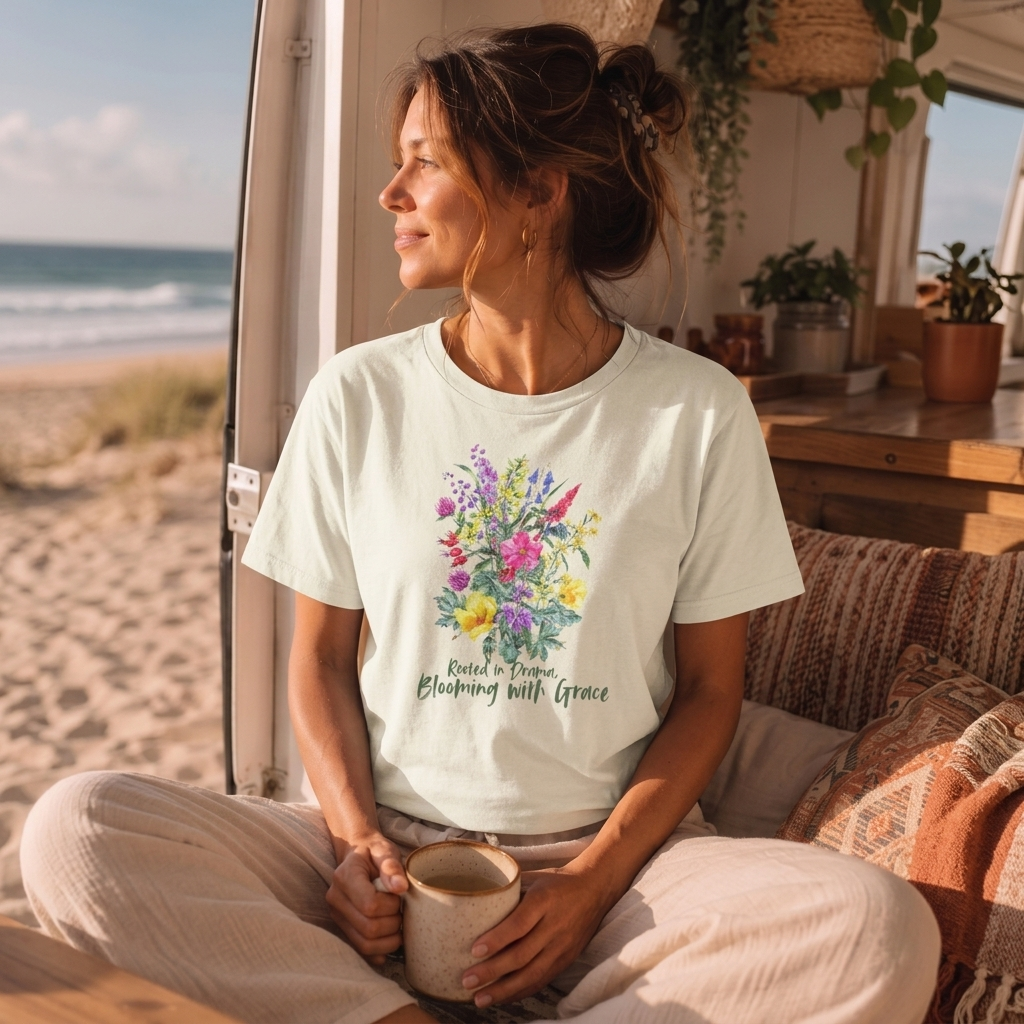 Blooming With Grace Floral T-Shirt, “Rooted in Drama” Watercolor Botanical Tee - 14965