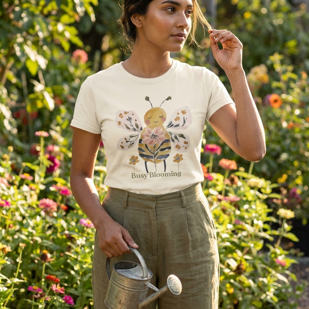 Busy Blooming Bee T-Shirt, Cute Watercolor Floral Bee Tee - 14960