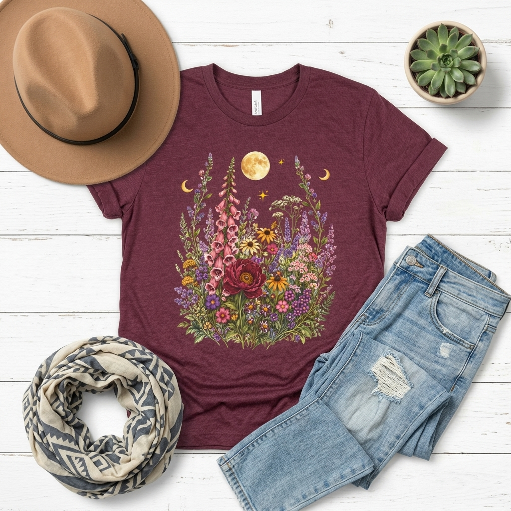 Floral Moon Garden T-Shirt, Vintage Wildflower & Celestial Graphic Tee - 14961