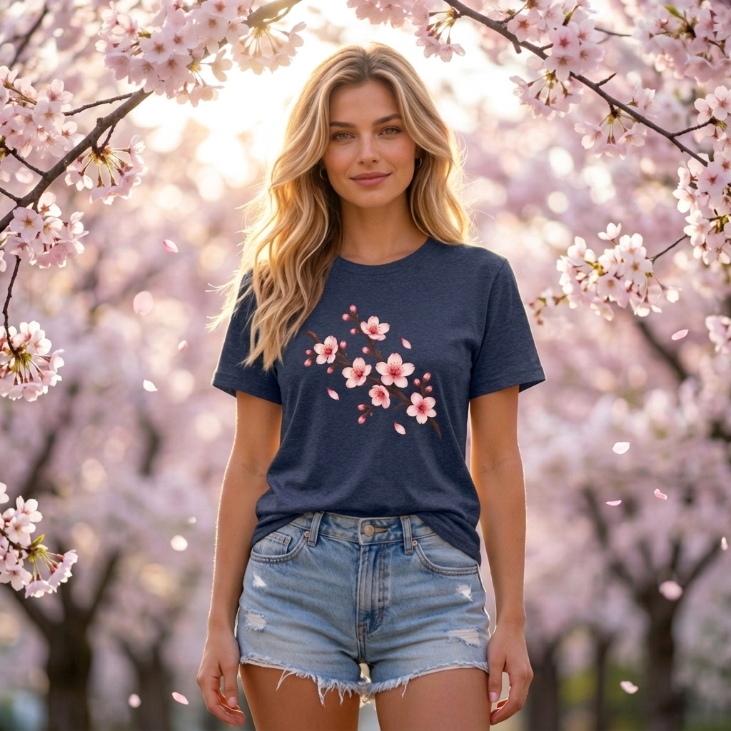 Cherry Blossom T-Shirt, Pink Sakura Branch Floral Tee - 14994