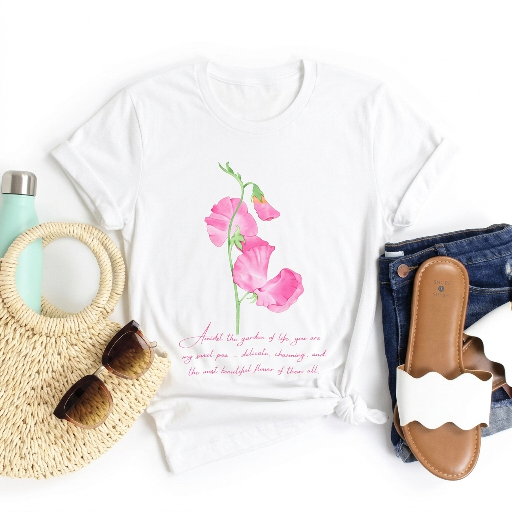 Sweet Pea Floral T-Shirt, Pink Watercolor Flower Graphic Tee - 14962