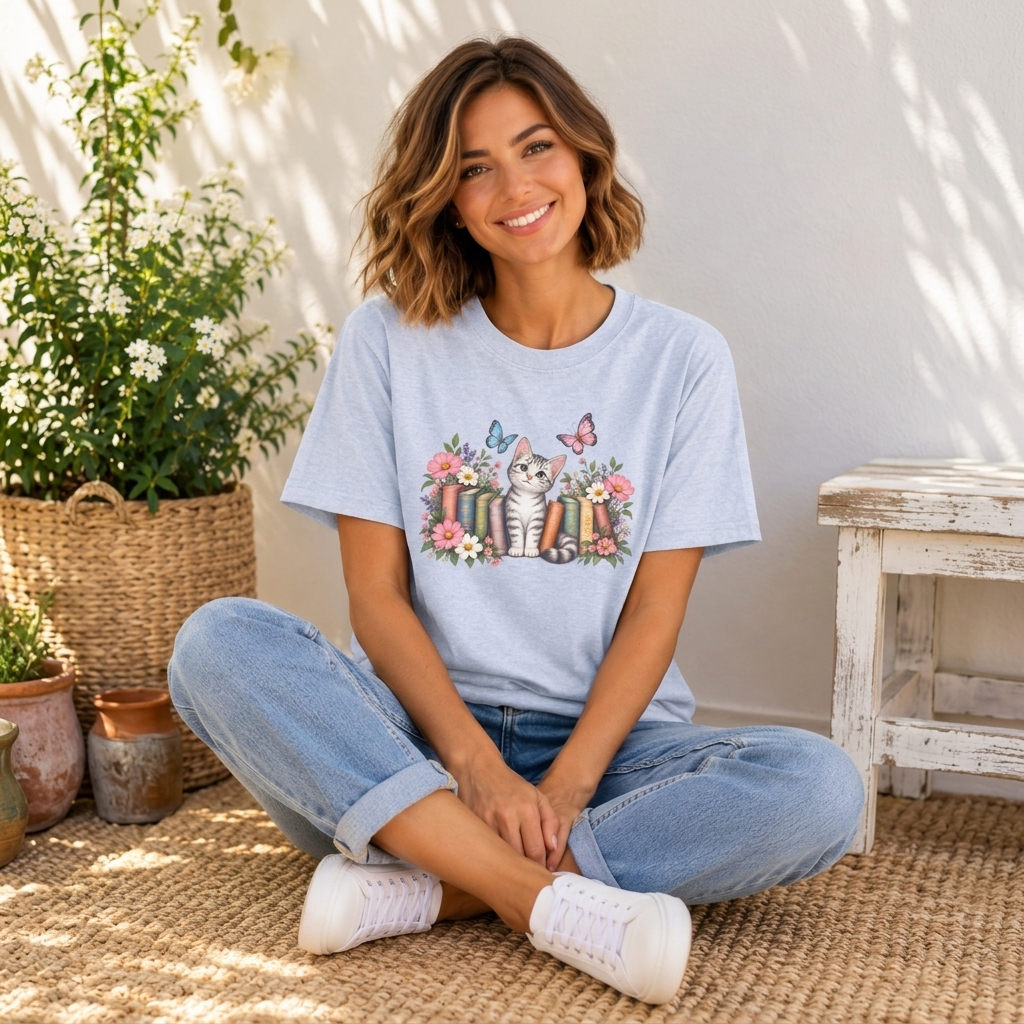 Cat & Books T-Shirt, Cute Floral Kitten & Butterfly Tee - 14526
