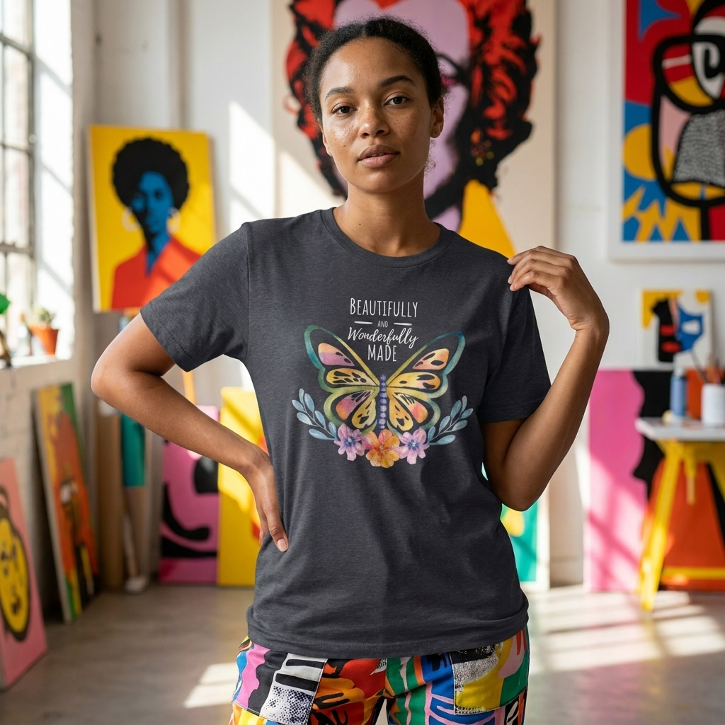 Beautifully & Wonderfully Made Butterfly T-Shirt, Inspirational Floral Graphic Tee - 14954