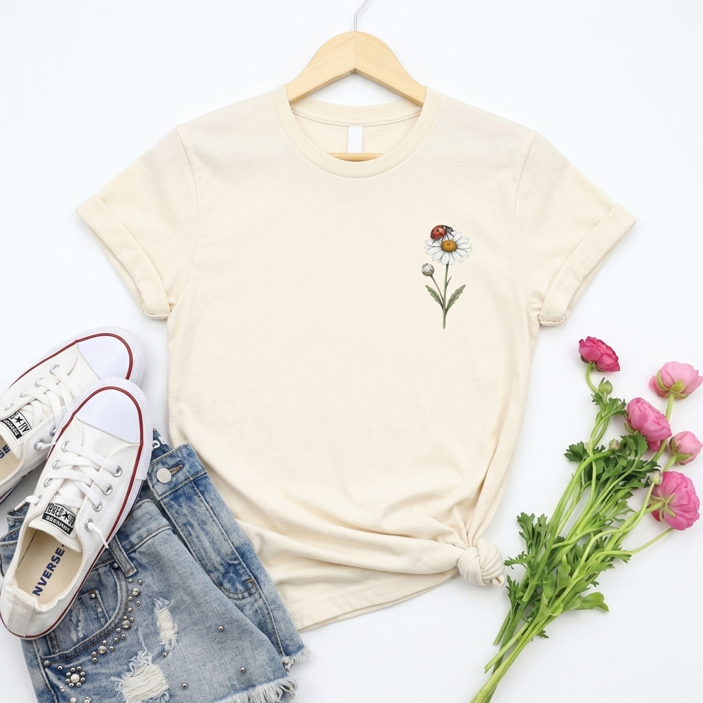 Daisy & Ladybug Floral T-Shirt, Minimal Wildflower Pocket Graphic Tee - 14963