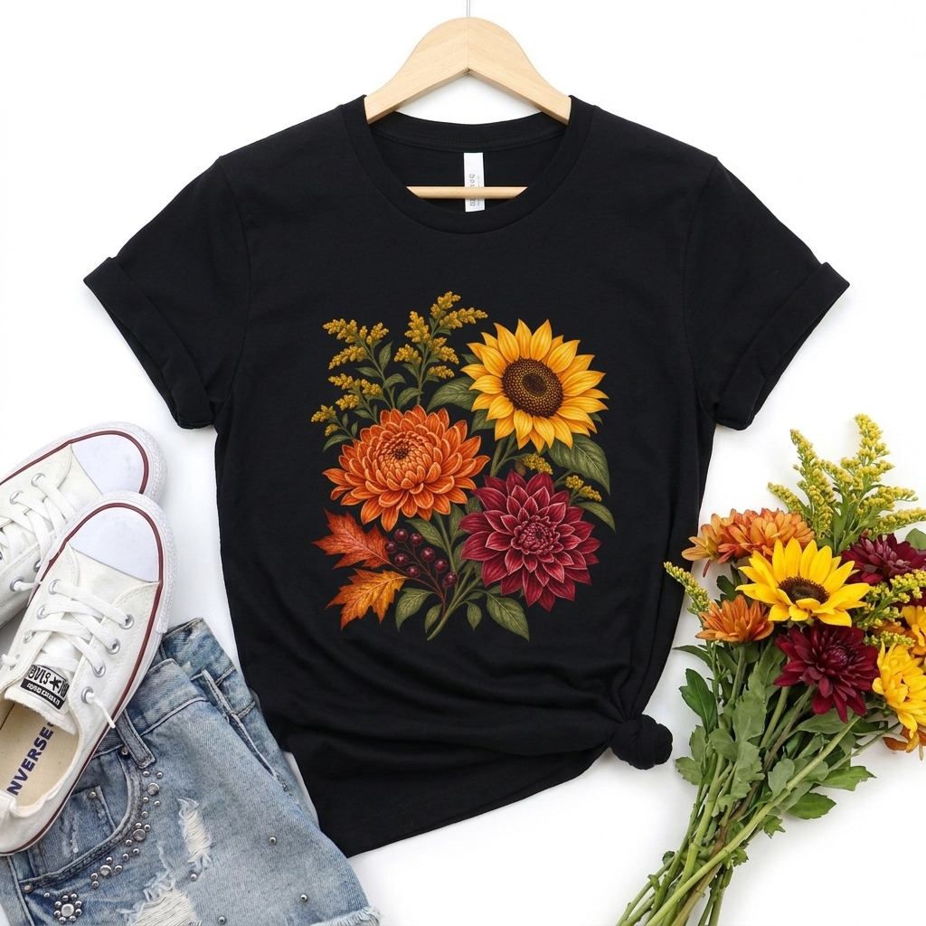 Autumn Wildflower Bouquet T-Shirt, Vintage Botanical Floral Tee - 14565