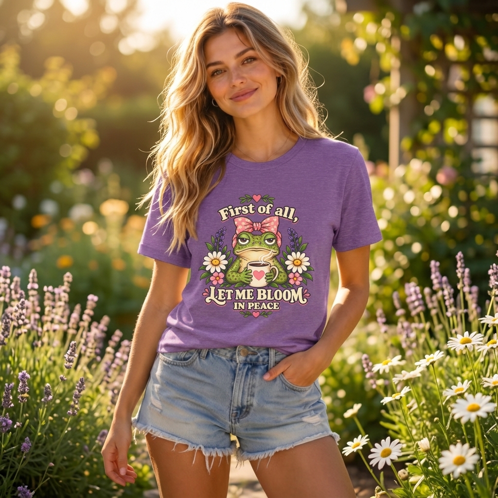 Let Me Bloom in Peace Frog T-Shirt, Cute Floral Coffee Tee - 14500